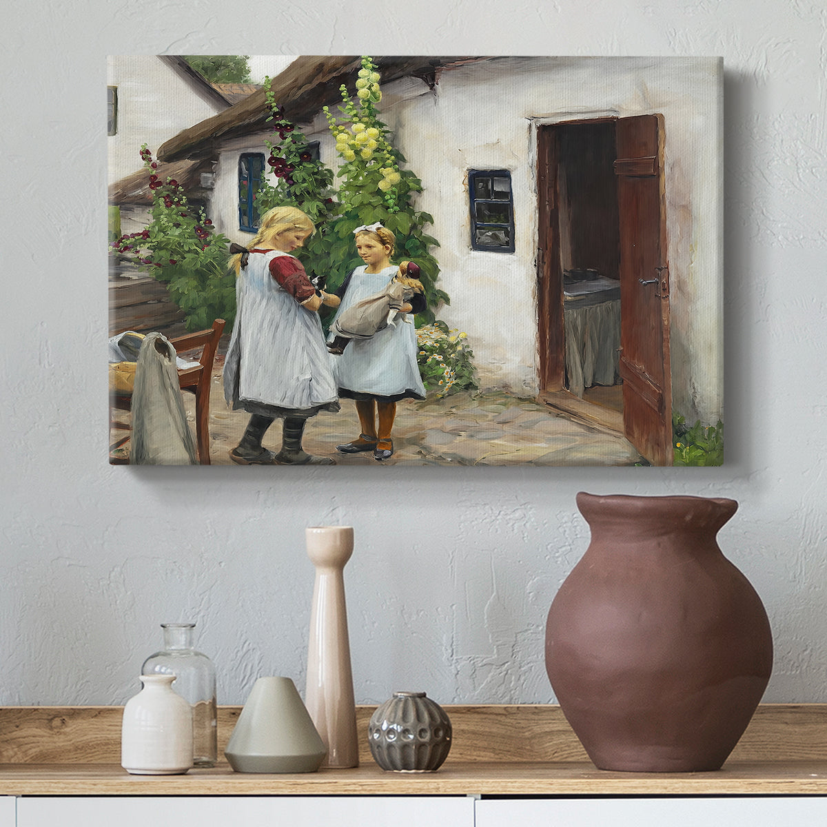 Canvas art print featuring a countryside interaction with people looking for small animal, styled above a decorative console