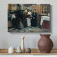 Canvas art print featuring an expressive interior with figures engaged in religious act, styled above a decorative console