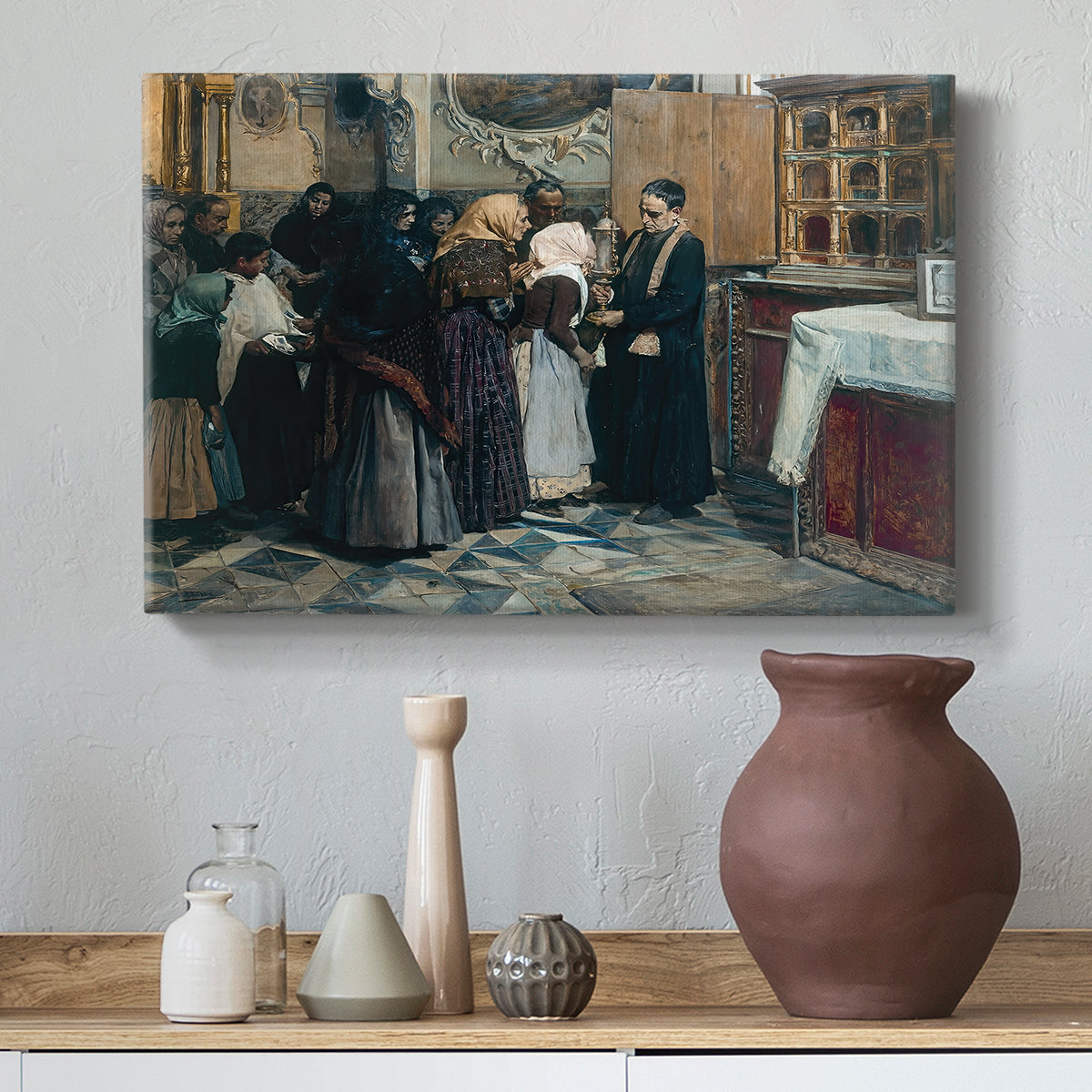 Canvas art print featuring an expressive interior with figures engaged in religious act, styled above a decorative console