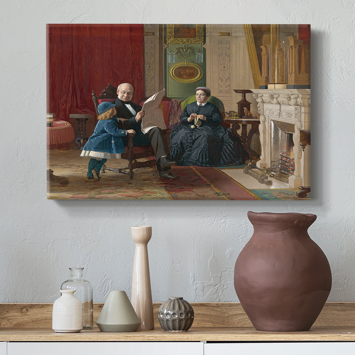 Canvas art print featuring an Americana scene with figures sitting and interacting indoors, styled above a decorative console