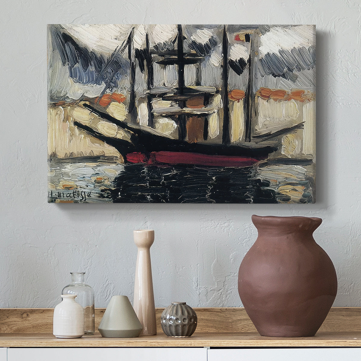 Canvas art print featuring a Fauvist maritime view, styled above a decorative console
