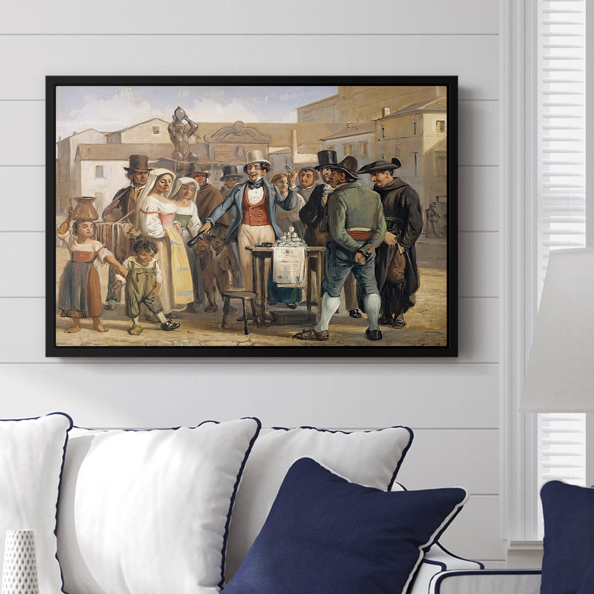 A Charlatan Selling Blacking in the Piazza Barberini in Rome, c. 1840-1849 - Floater Framed Canvas Print