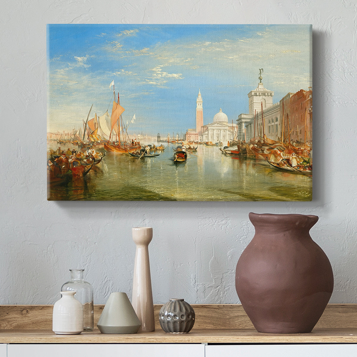 Canvas art print featuring an atmospheric scene with reflections, styled above a decorative console