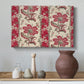 Canvas art print featuring a decorative composition featuring repeated botanical groupings, styled above a decorative console