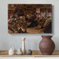 Canvas art print featuring an ornate interior with figures engaged in theatrical event, styled above a decorative console