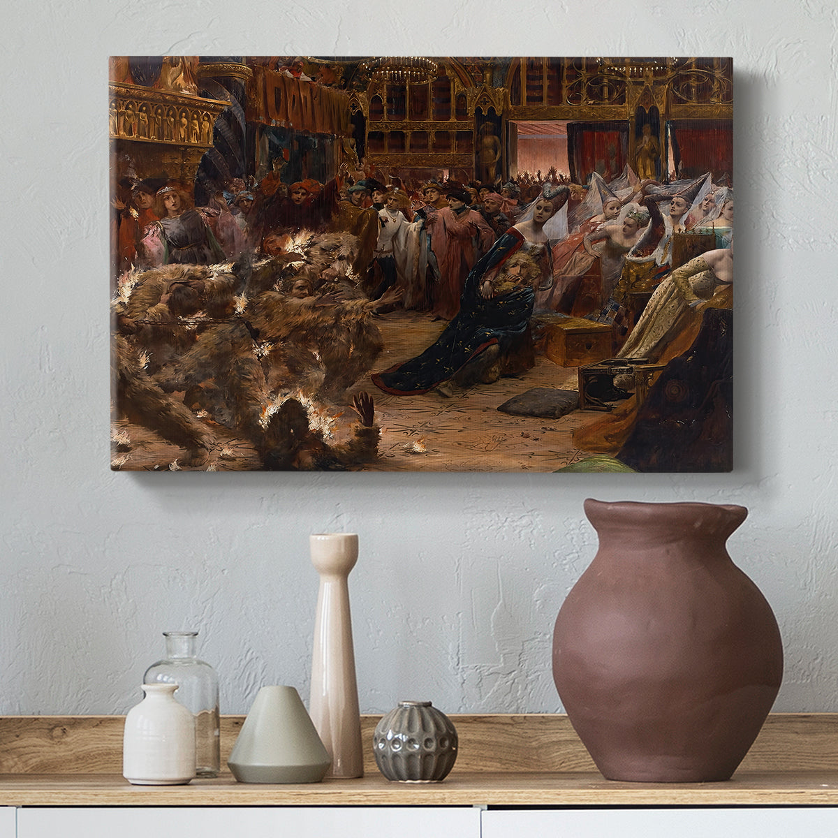 Canvas art print featuring an ornate interior with figures engaged in theatrical event, styled above a decorative console