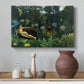 Canvas art print featuring a stylized jungle composition with human figure and foliage, styled above a decorative console