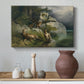 Canvas art print featuring a realistic depiction of animals in intense moment near water, styled above a decorative console