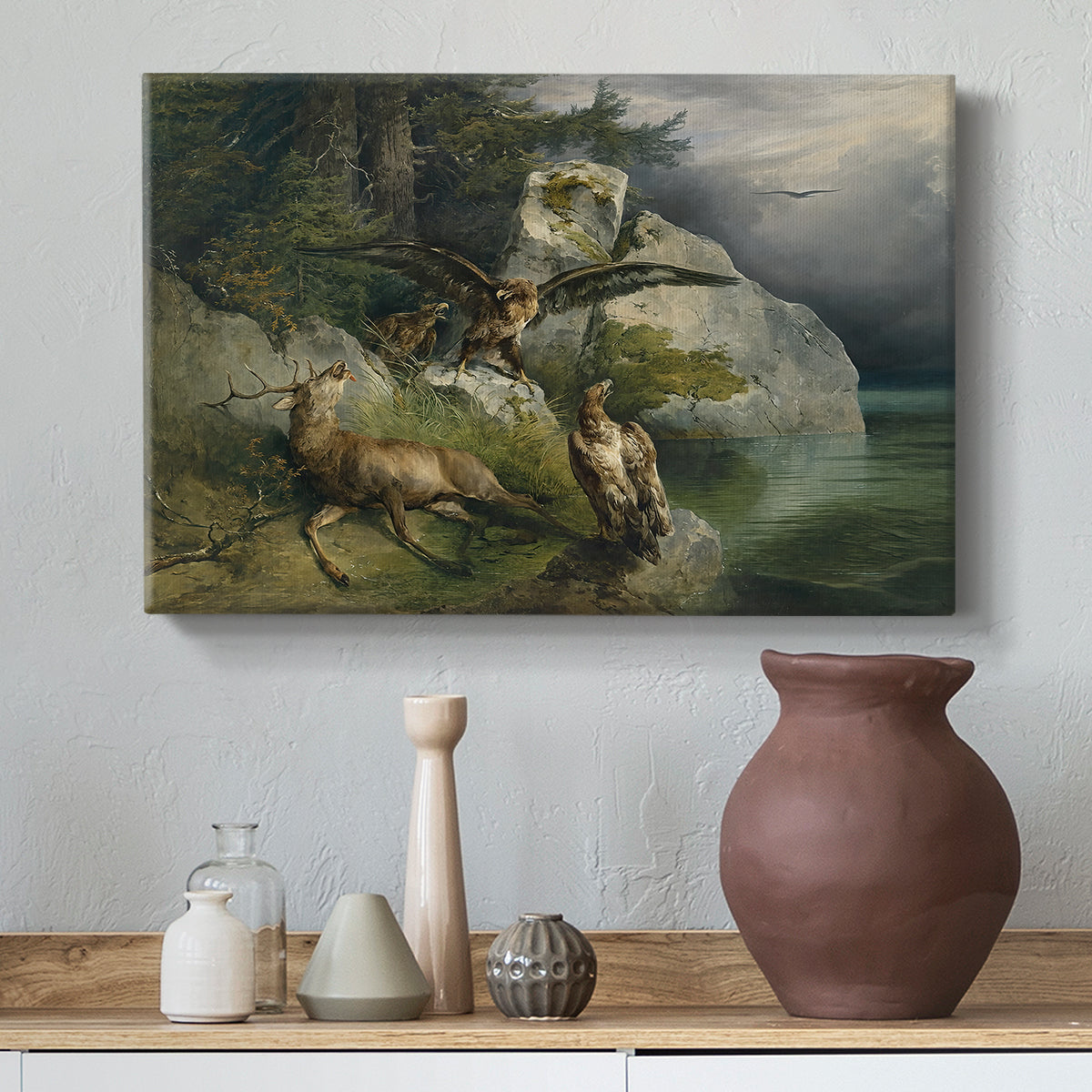 Canvas art print featuring a realistic depiction of animals in intense moment near water, styled above a decorative console