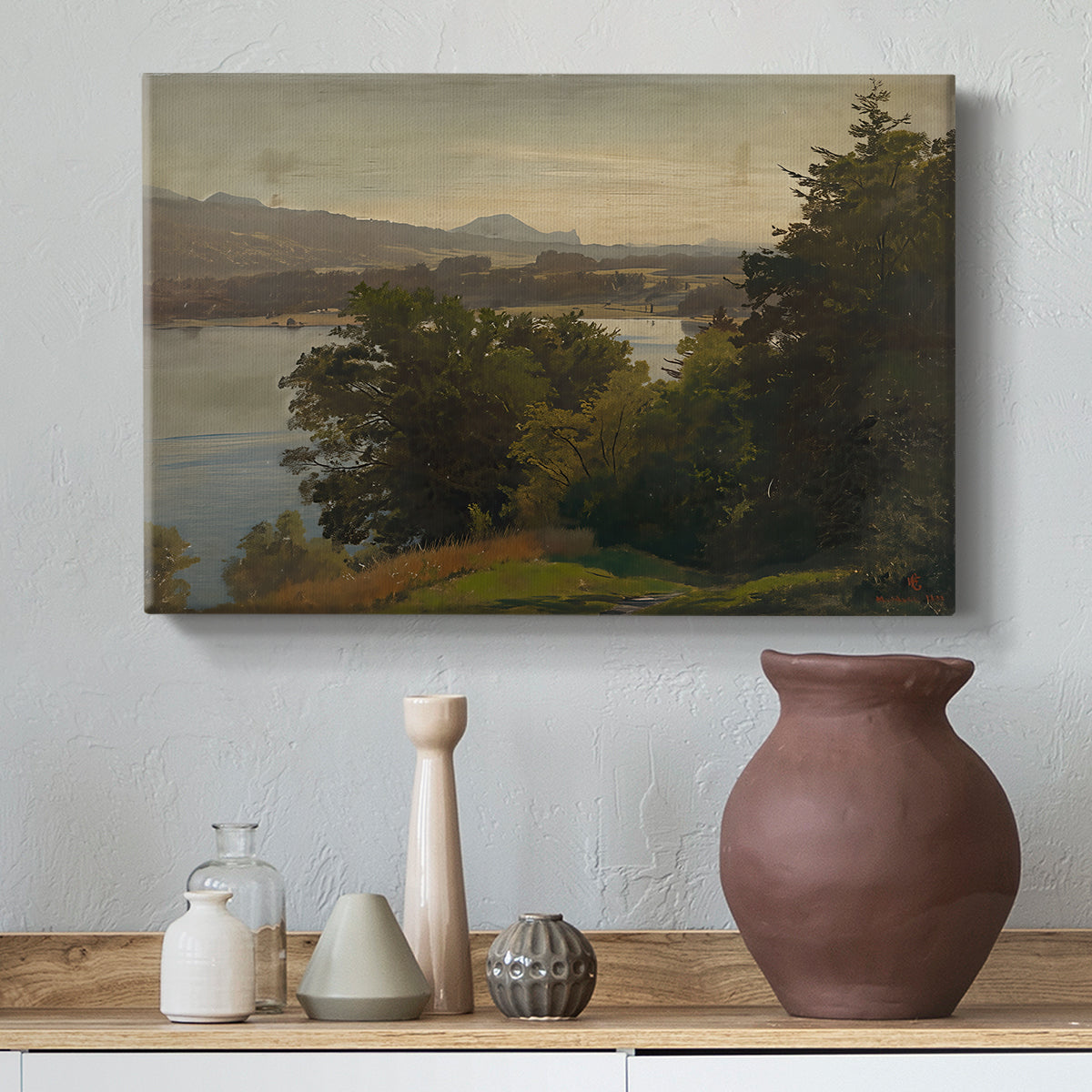 Canvas art print featuring a natural scene emphasizing depth across lake and hills, styled above a decorative console