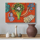 Canvas art print featuring an expressive vase of flowers in a colorful interior composition, styled above a decorative console