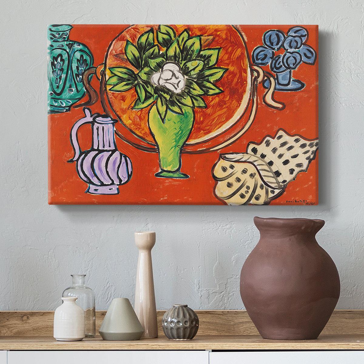 Canvas art print featuring an expressive vase of flowers in a colorful interior composition, styled above a decorative console