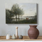 Canvas art print featuring a muted landscape with waterlogged terrain and trees, styled above a decorative console