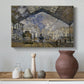 Canvas art print featuring an industrial interior with steam clouds and rail tracks, styled above a decorative console