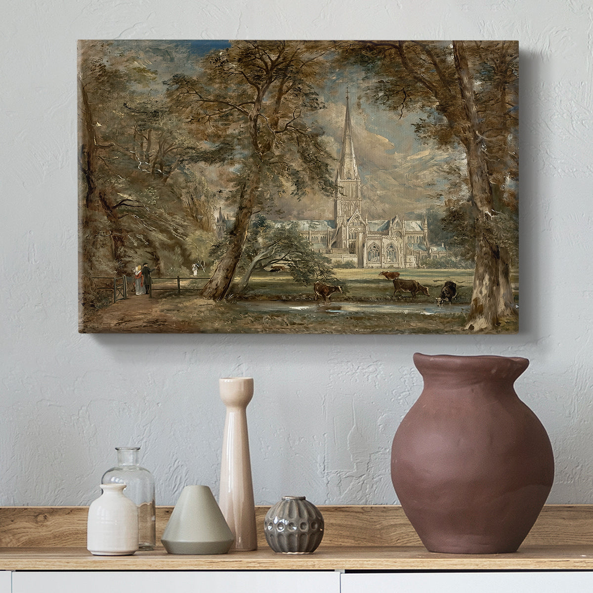 Canvas art print featuring an expressive scene combining building and nature, styled above a decorative console