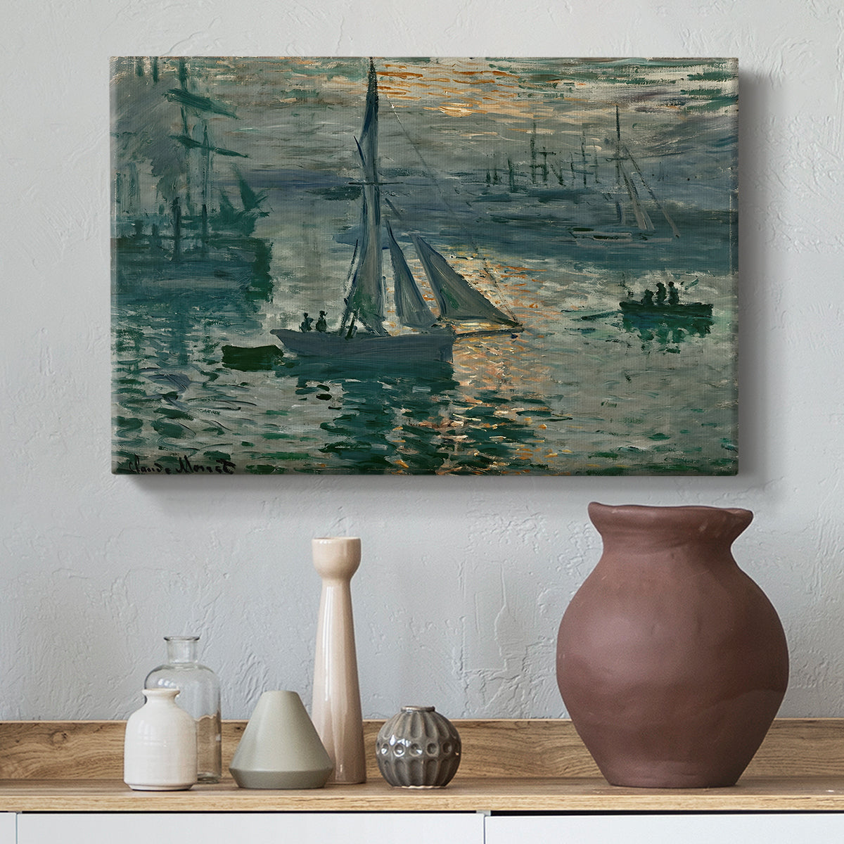 Canvas art print featuring an early morning harbor scene with boats and diffused light, styled above a decorative console