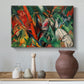Canvas art print featuring a dynamic abstract painting with rhythmic lines and bold colors, styled above a decorative console