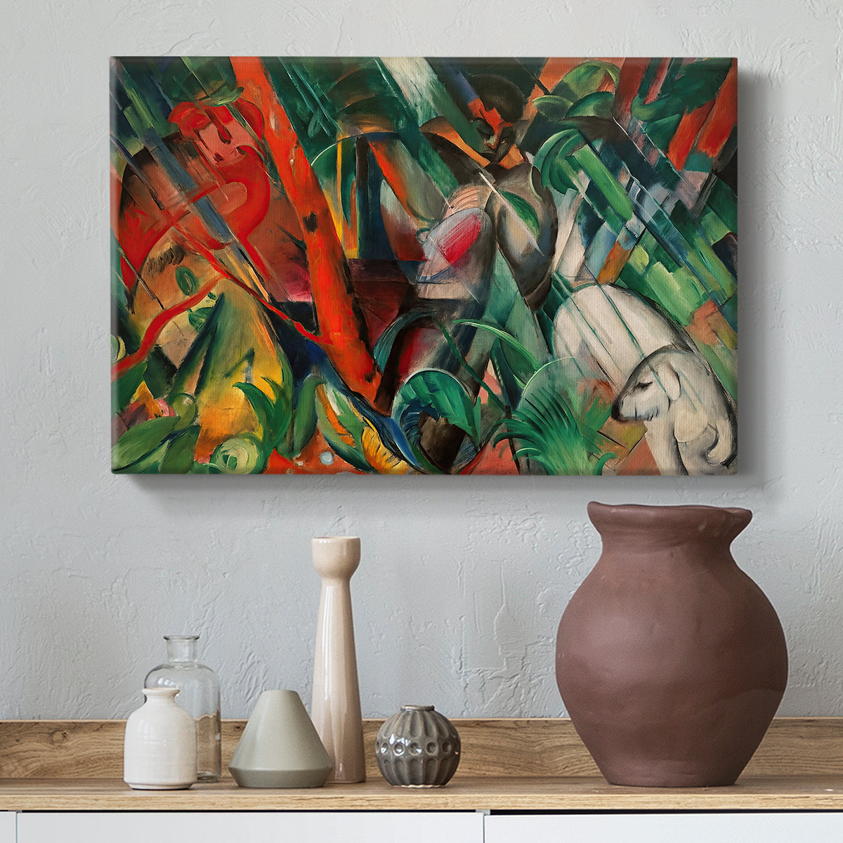 Canvas art print featuring a dynamic abstract painting with rhythmic lines and bold colors, styled above a decorative console