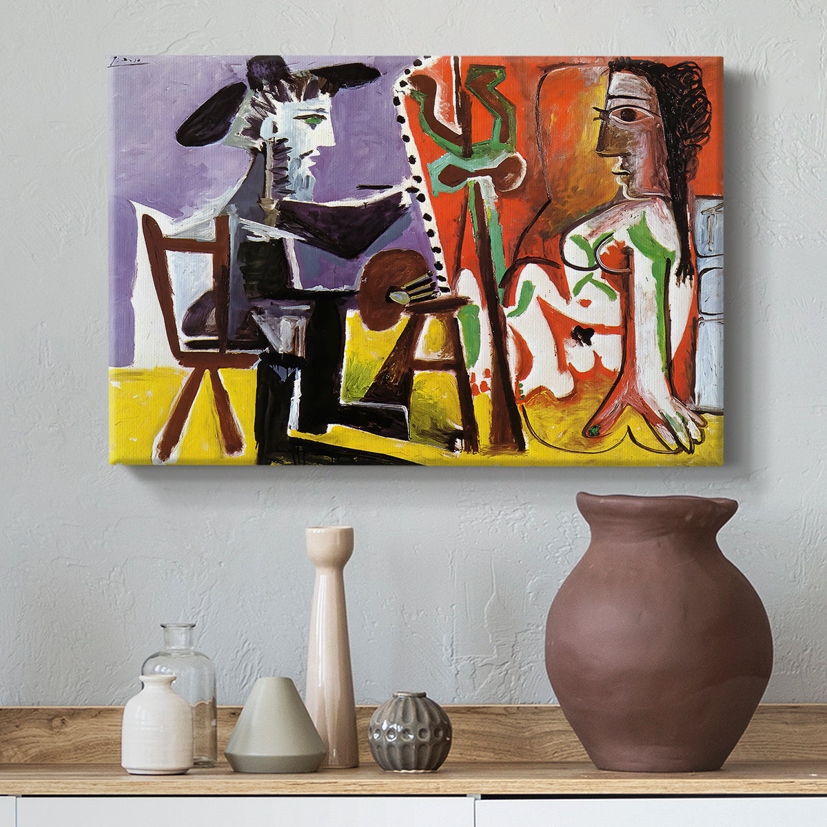 Canvas art print featuring an expressive figures built from planes, styled above a decorative console