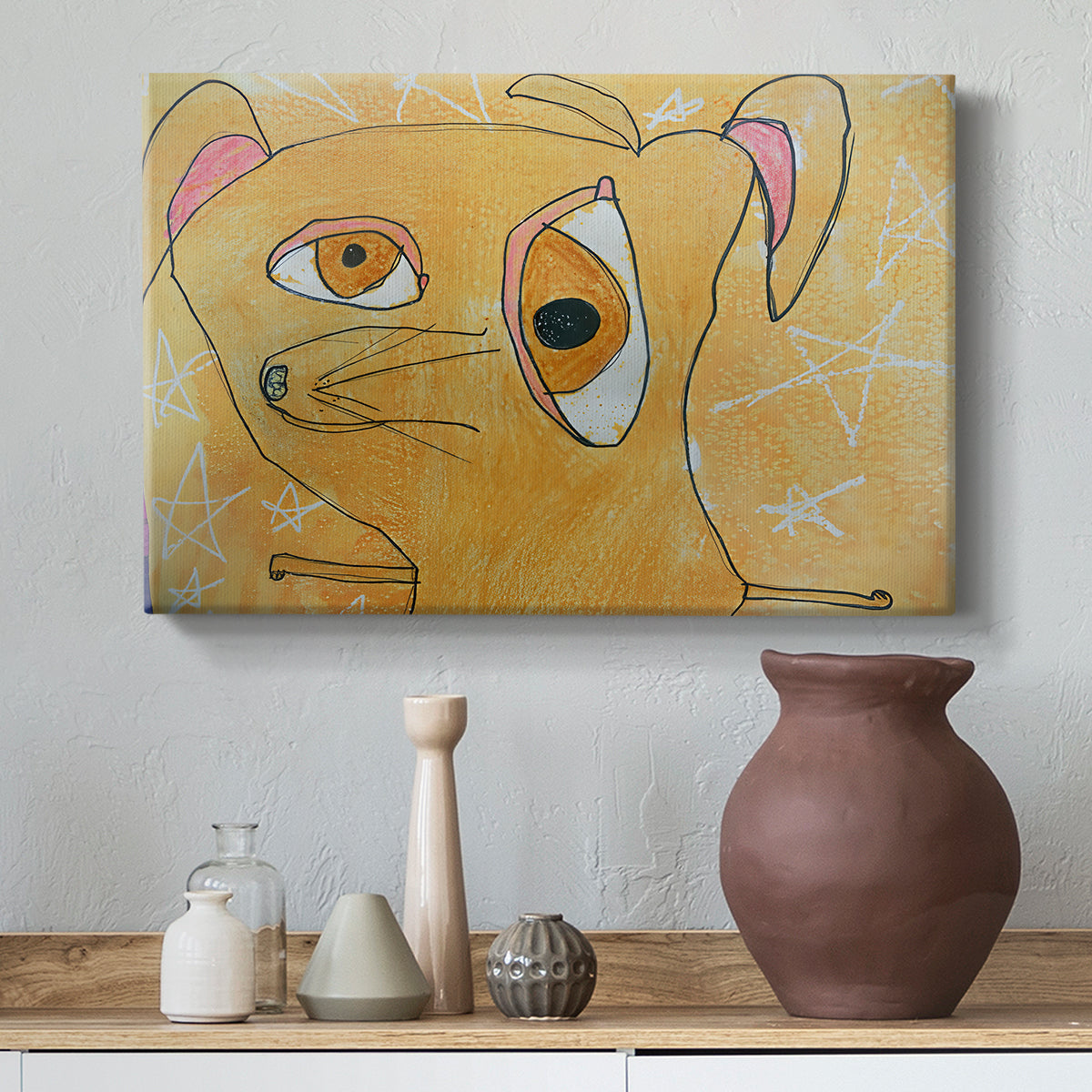 Canvas art print featuring an abstract composition with symbols, styled above a decorative console