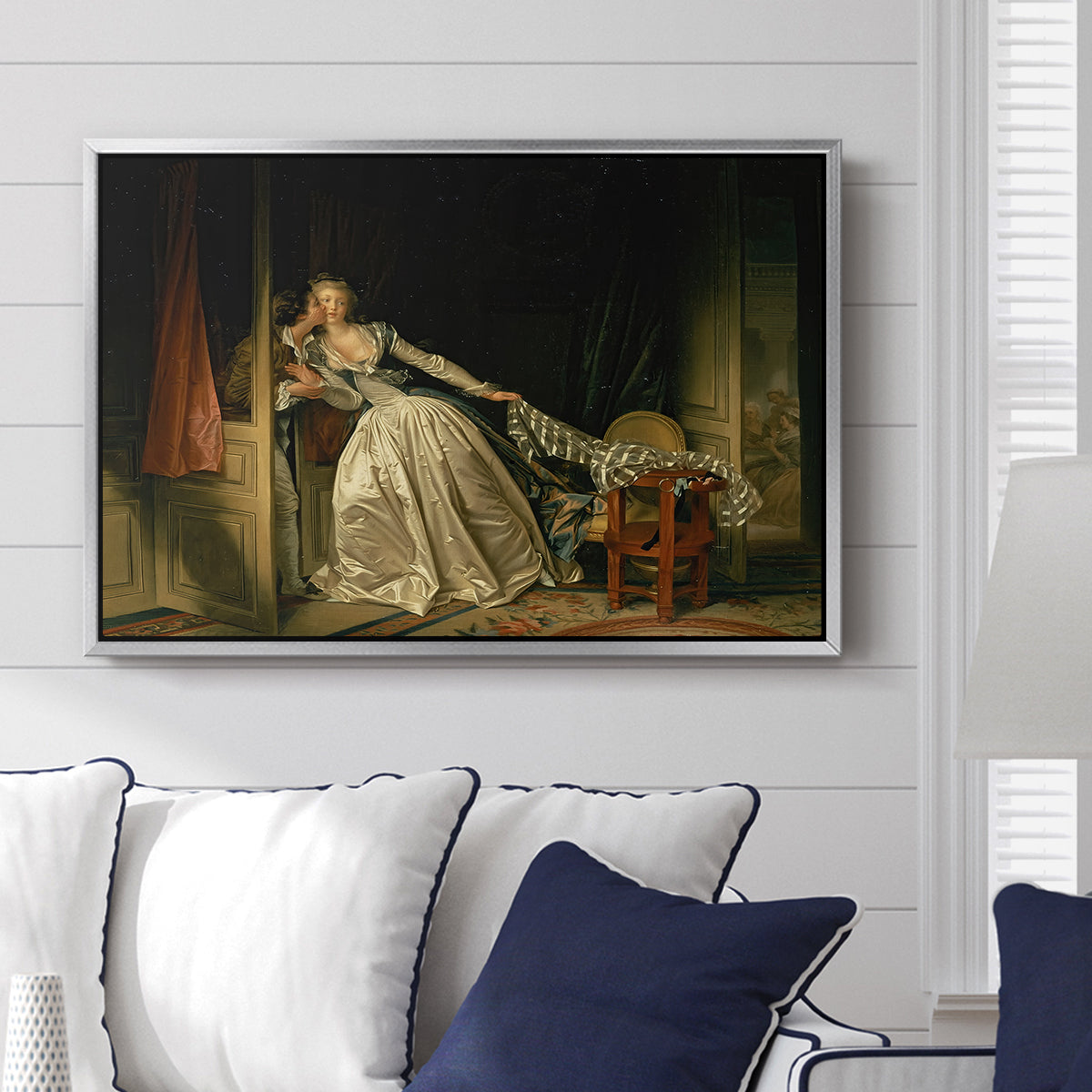 The Stolen Kiss (Le Baiser à la dérobée), c. 1788 - Floater Framed Canvas Print