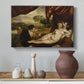 Canvas art print featuring a Renaissance composition of nude figure and lute player outdoors, styled above a decorative console