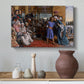 Canvas art print featuring a religious scene with figures arranged in architectural space, styled above a decorative console