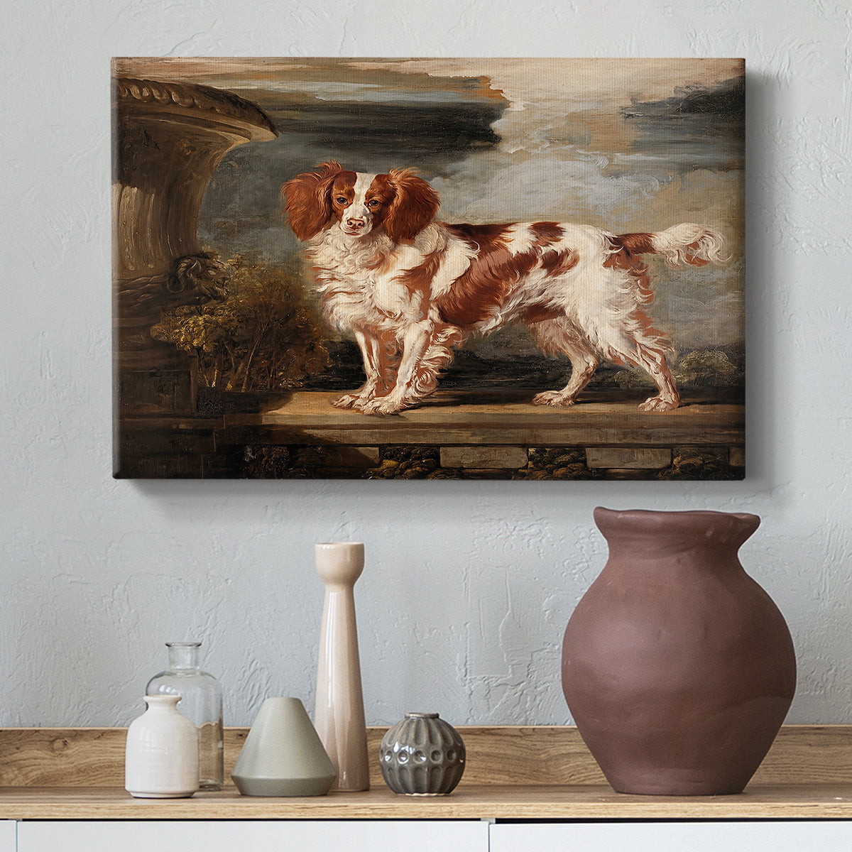 Canvas art print featuring a realistic depiction of spaniel with soft fur texture, styled above a decorative console