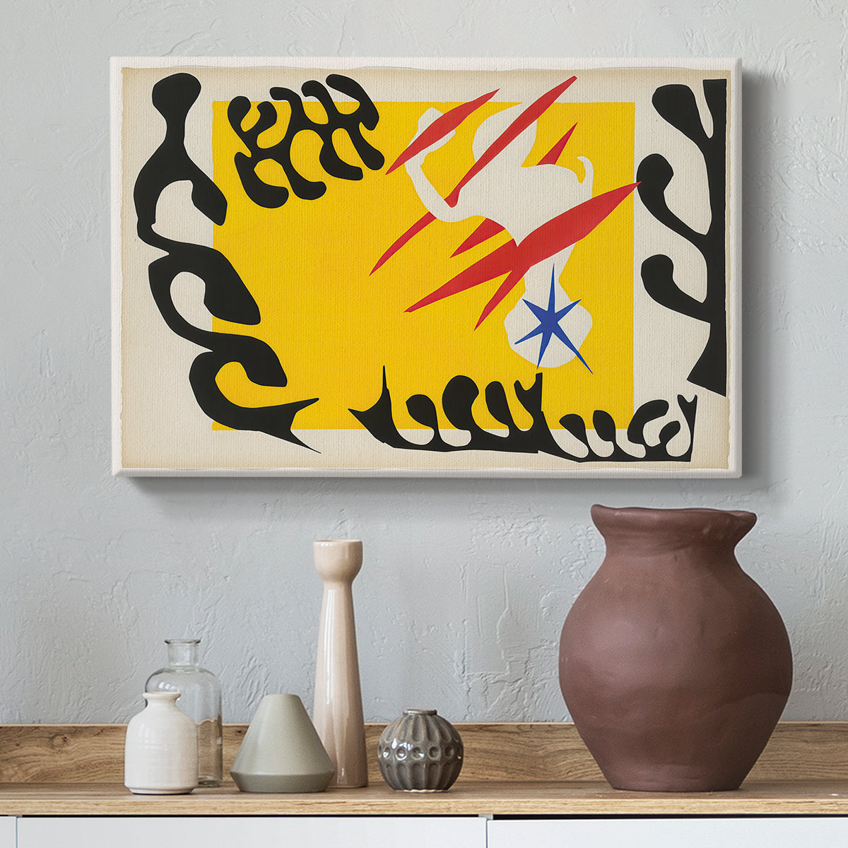 Canvas art print featuring an expressive abstract artwork with bold shapes, styled above a decorative console