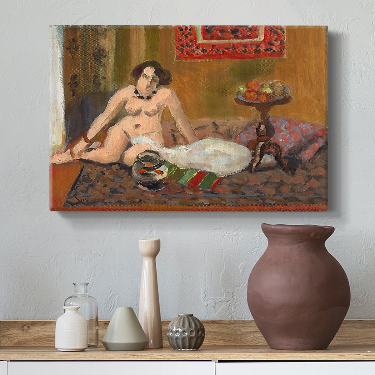 Canvas art print featuring an expressive interior with nude figure and vibrant color palette, styled above a decorative console