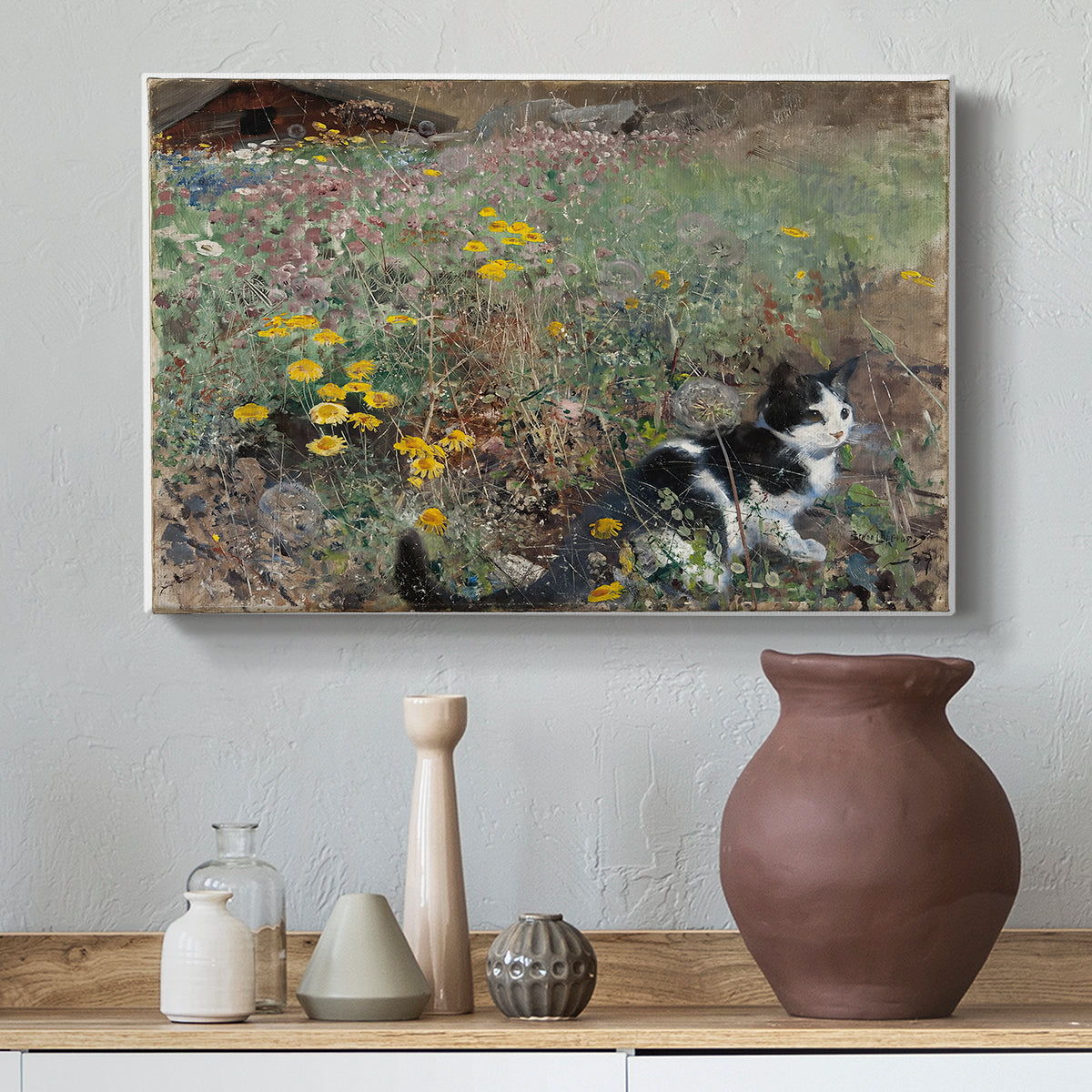 Canvas art print featuring an animal scene of cat hidden in lush meadow vegetation, styled above a decorative console