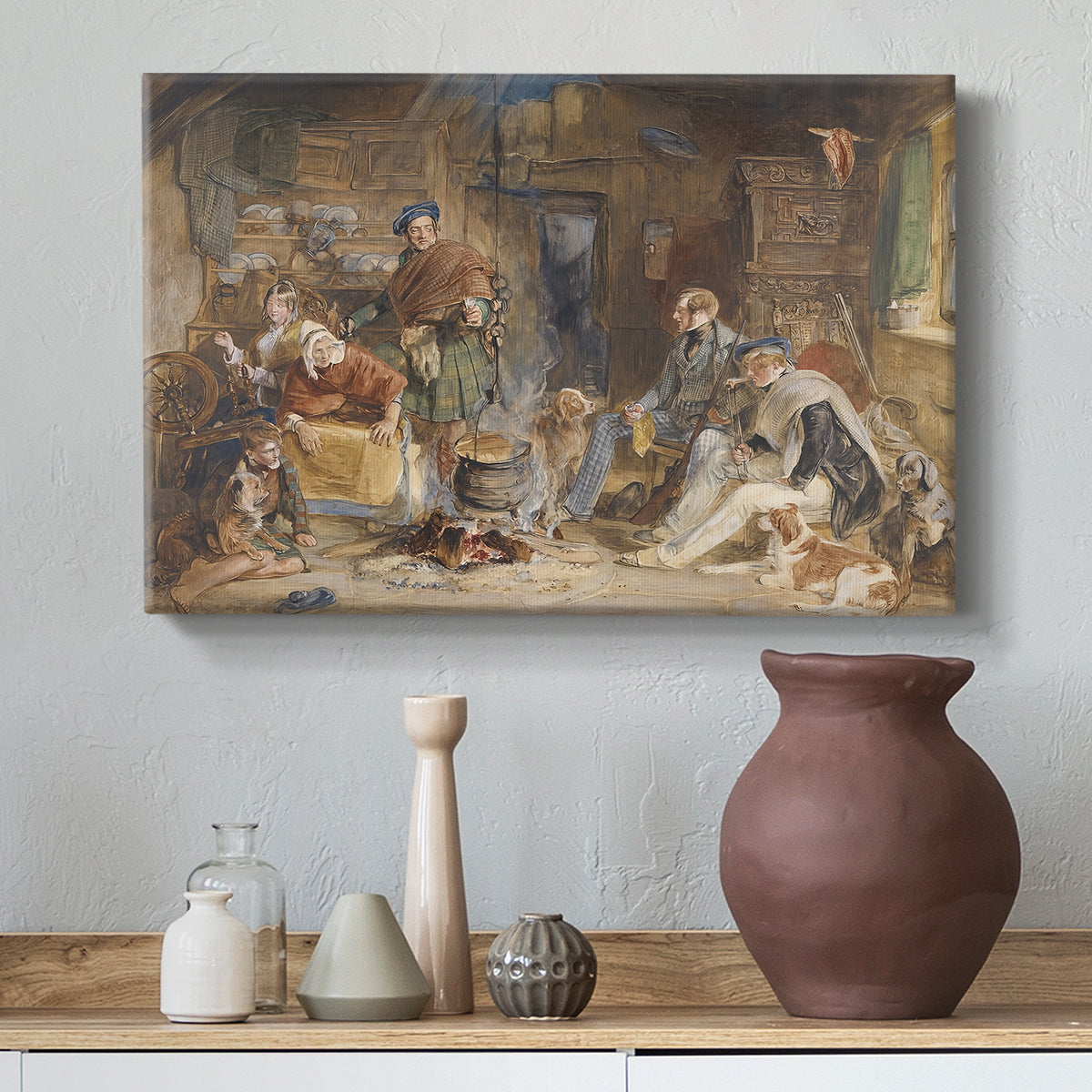 Canvas art print featuring an expressive interior composition with multiple figures, styled above a decorative console