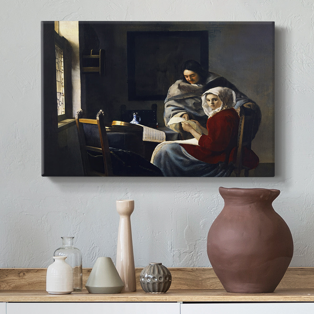 Canvas art print featuring a Baroque interior with paused musical activity, styled above a decorative console