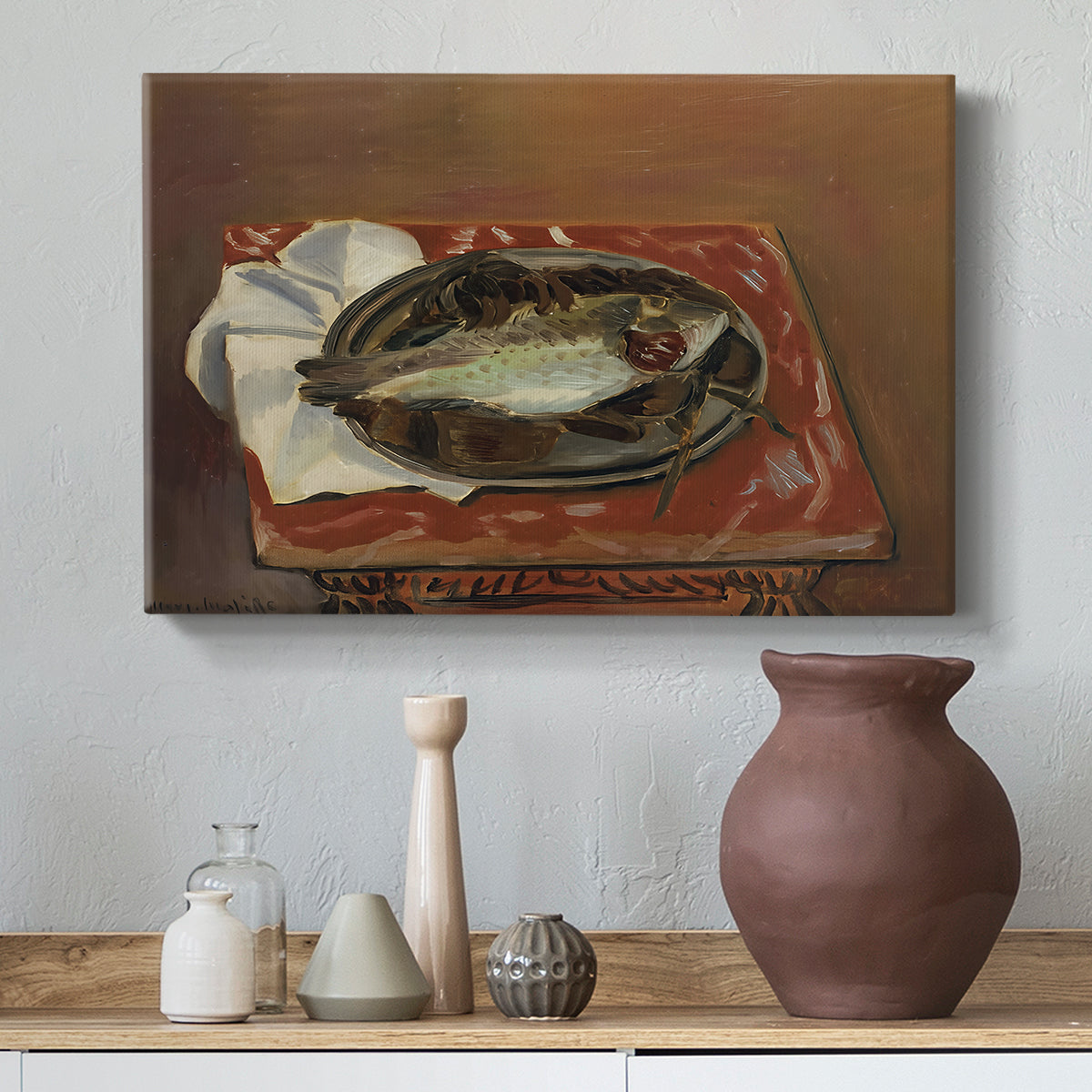 Canvas art print featuring a minimal tabletop composition centered on a fish, styled above a decorative console