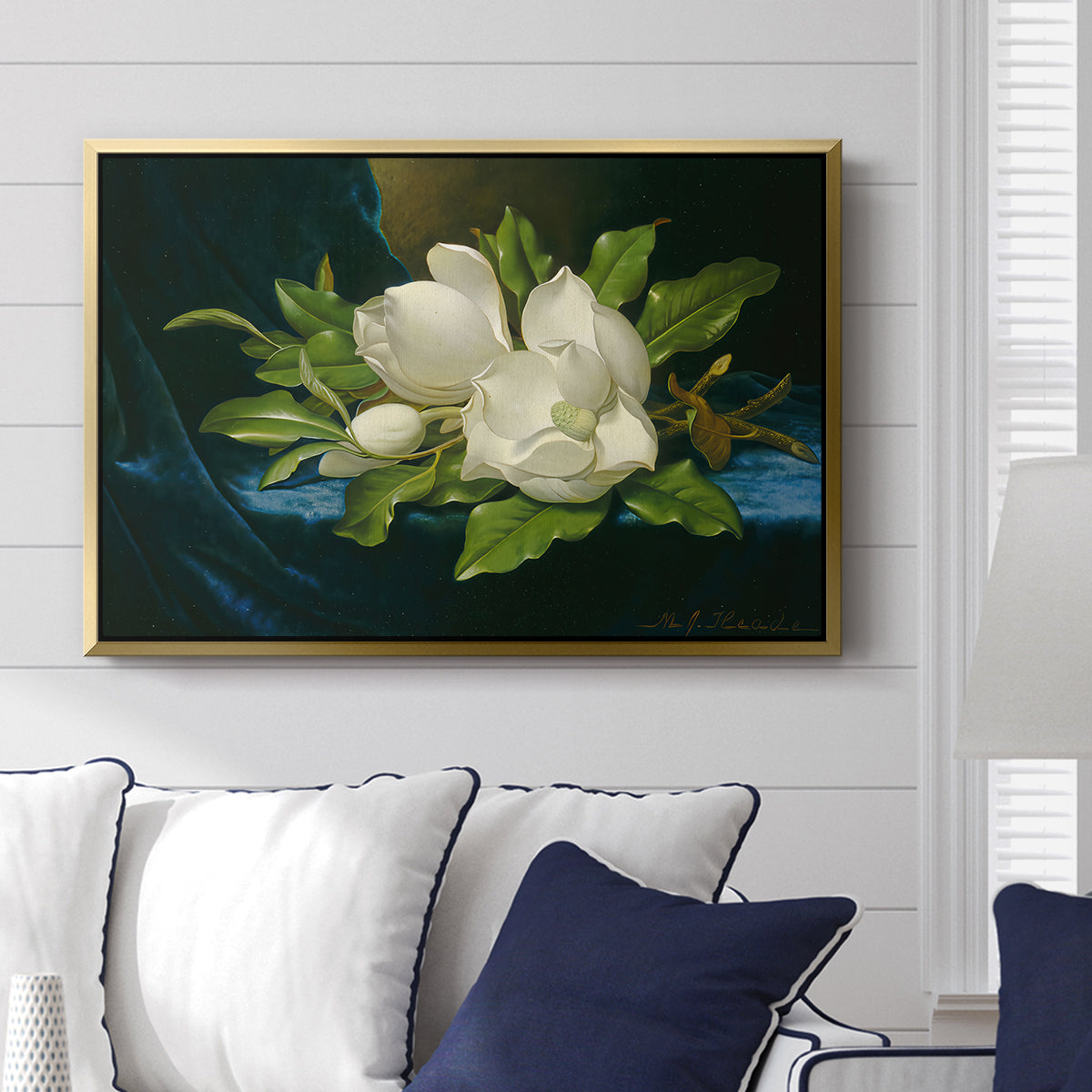 Giant Magnolias on a Blue Velvet Cloth, c. 1890 - Floater Framed Canvas Print