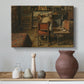 Canvas art print featuring a craftsman focused on detailed work with tools and materials, styled above a decorative console