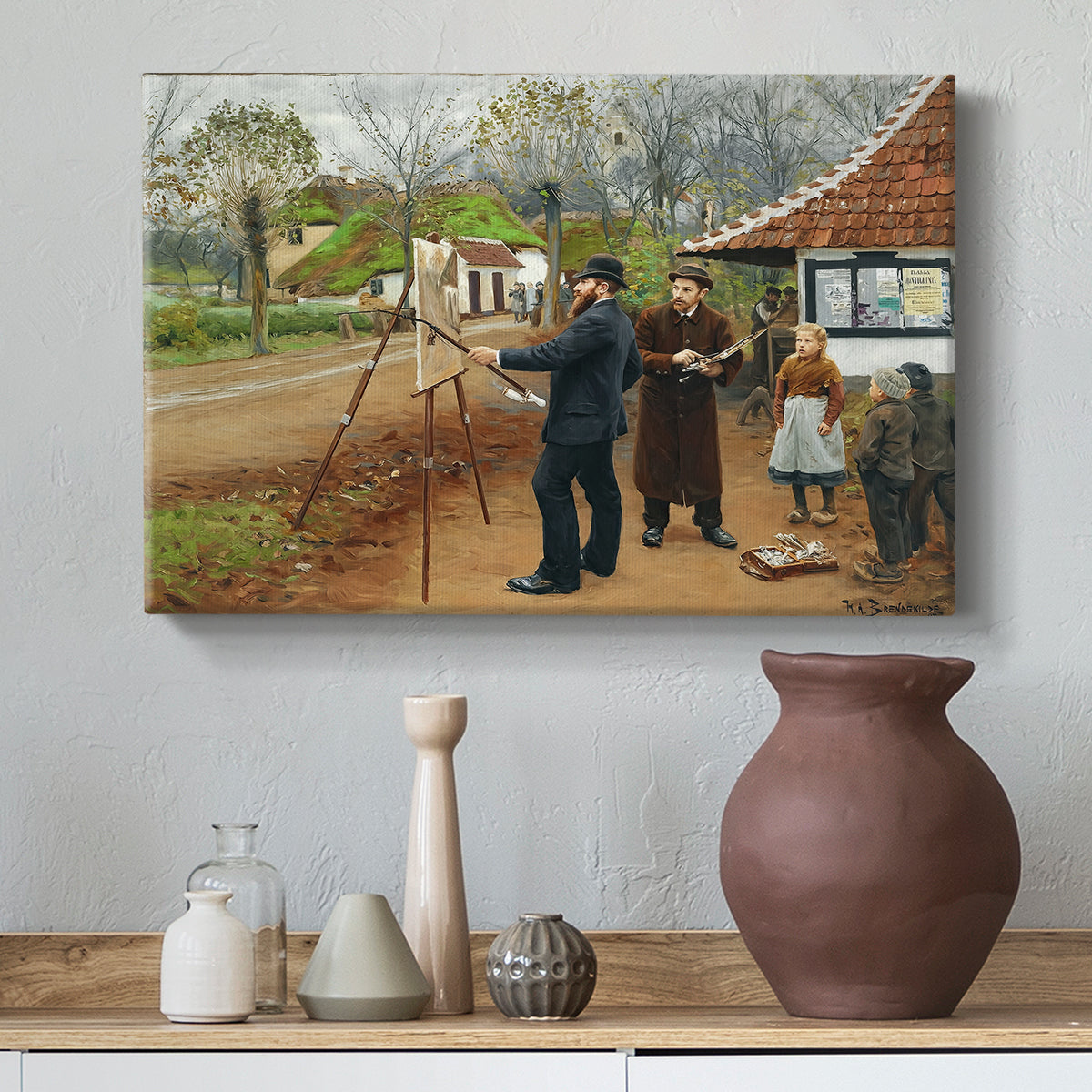 Canvas art print featuring a rustic village setting with people interacting in open space, styled above a decorative console