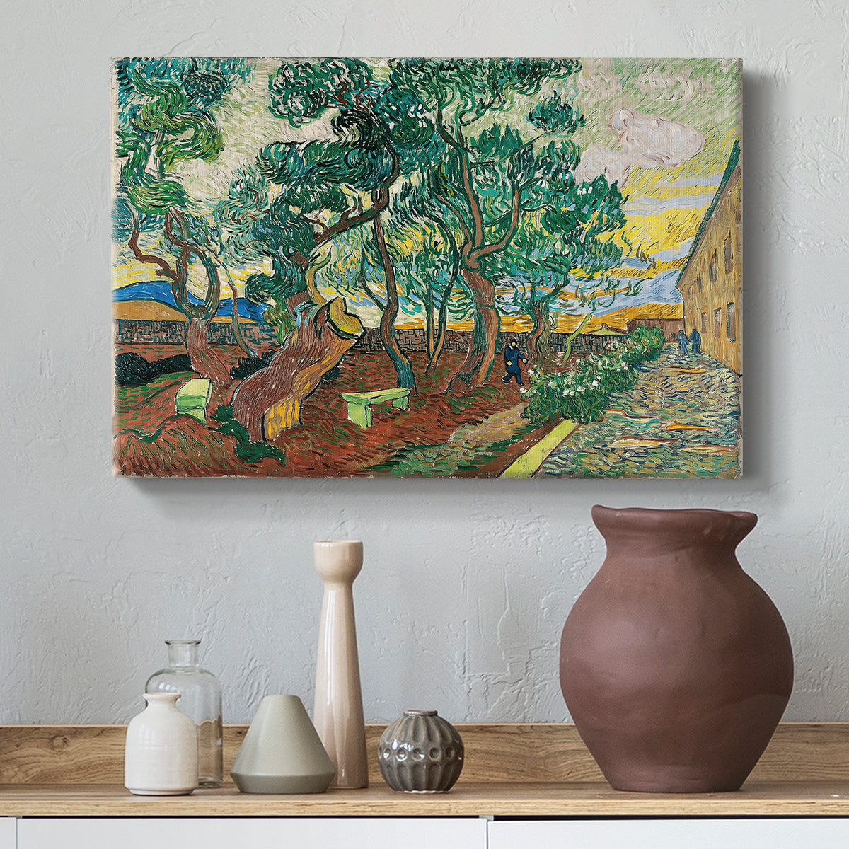 Canvas art print featuring a post-impressionist scene combining nature and architecture, styled above a decorative console