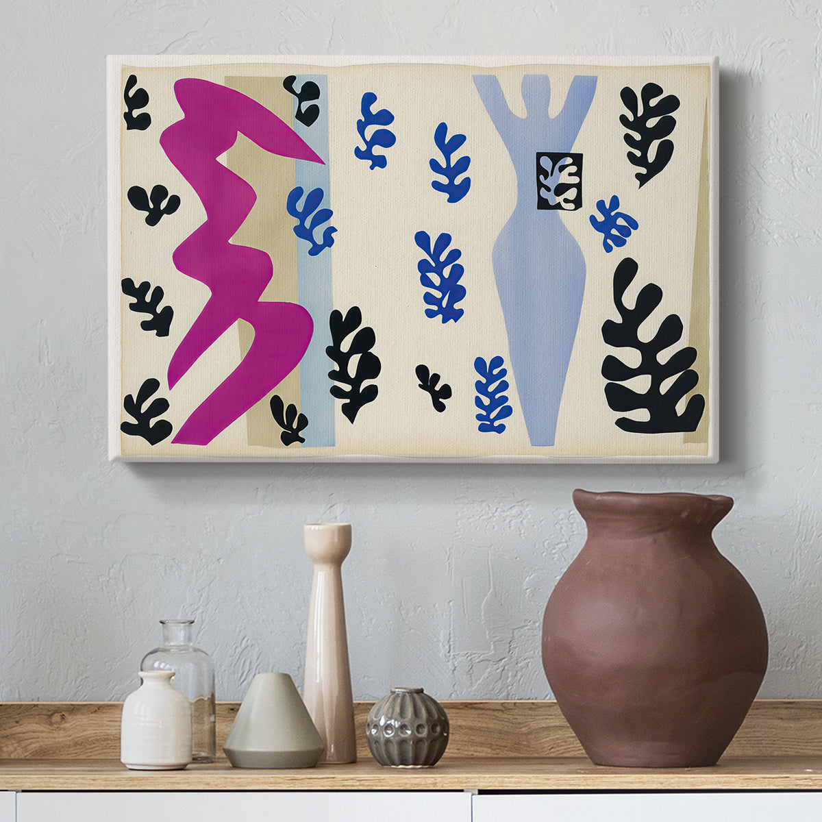 Canvas art print featuring an expressive abstract scene built from directional shapes, styled above a decorative console
