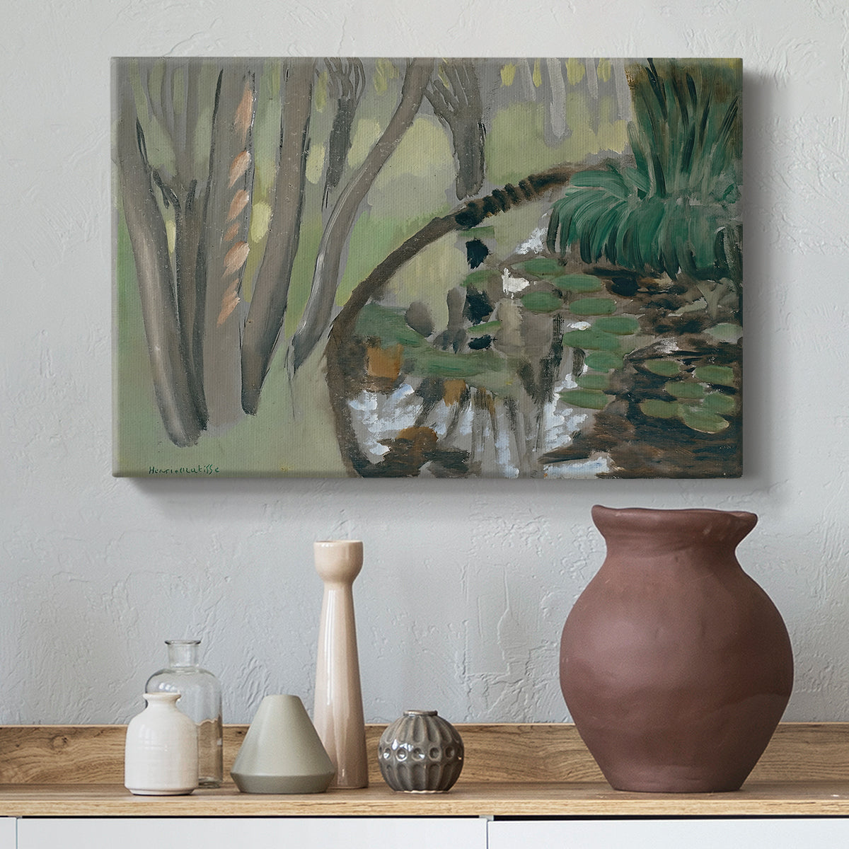 Canvas art print featuring an expressive nature scene with stream, styled above a decorative console