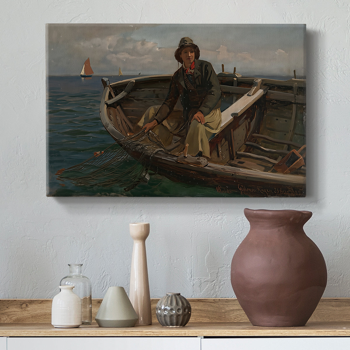 Canvas art print featuring a coastal activity with fishermen in traditional setting, styled above a decorative console