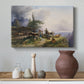 Canvas art print featuring a realistic countryside composition with farm and terrain, styled above a decorative console