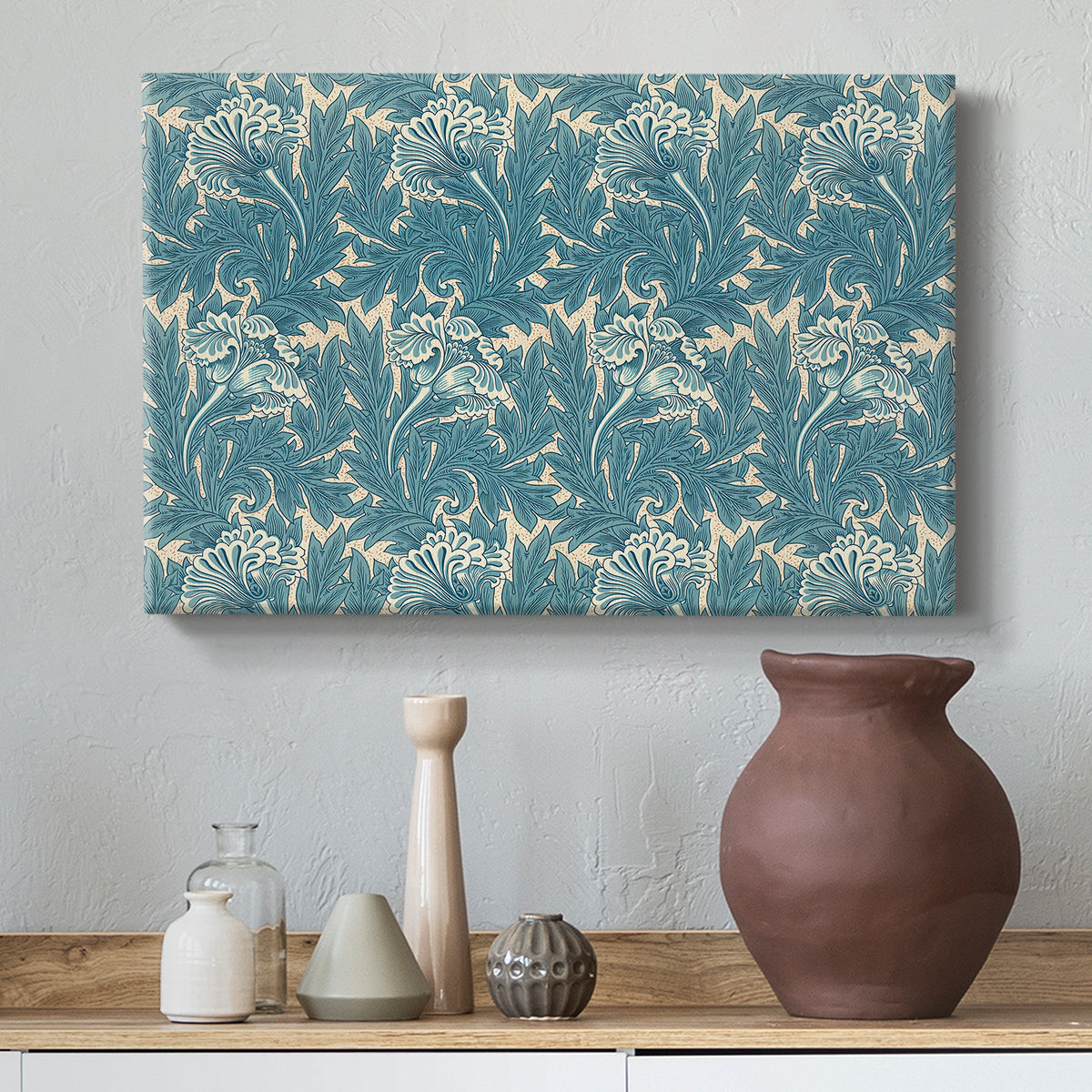 Canvas art print featuring a patterned composition with symmetrical botanical elements, styled above a decorative console