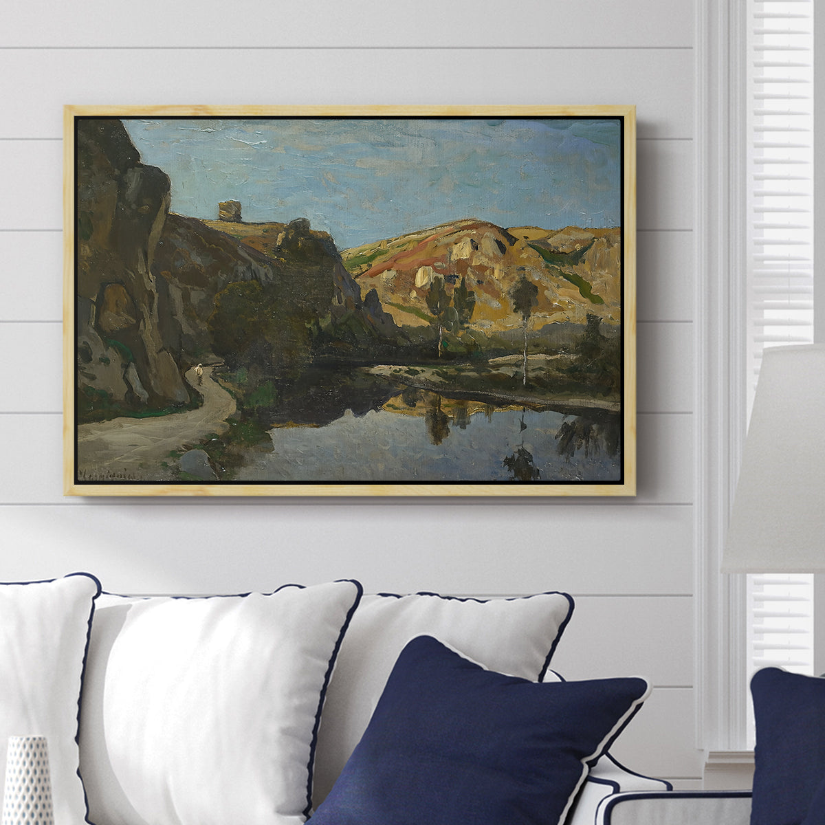 River Landscape with Cliffs, c. 1850-1860 - Floater Framed Canvas Print