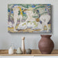 Canvas art print featuring a stylized depiction of bathers with bold colors and simplified shapes, styled above a decorative console