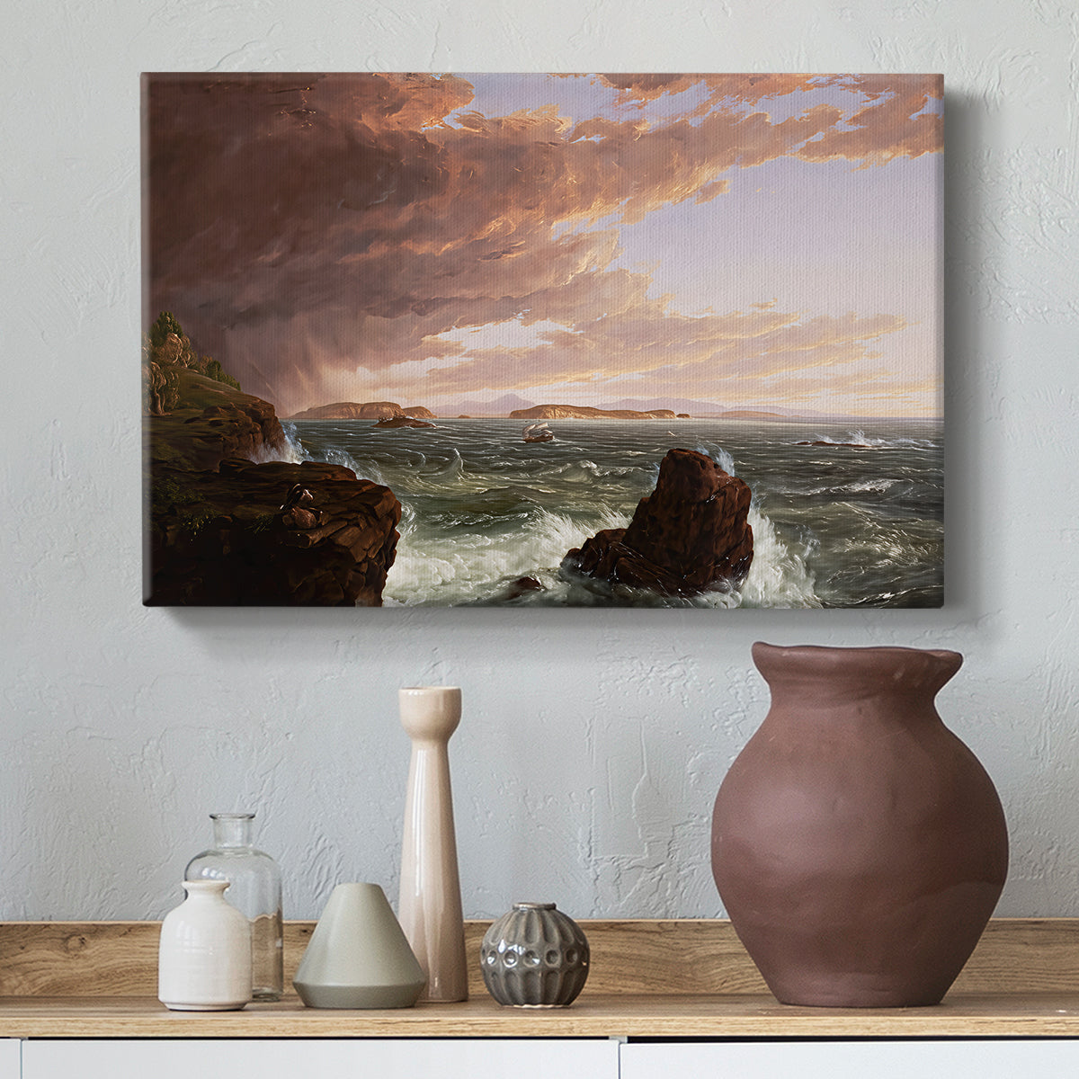 Canvas art print featuring a romantic coastal composition with shifting weather, styled above a decorative console
