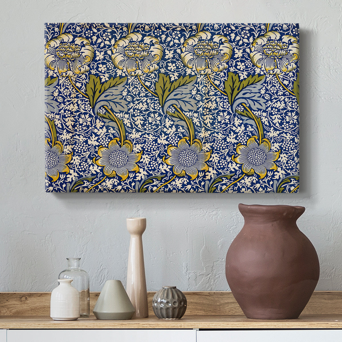 Canvas art print featuring an ornamental pattern combining birds, leaves, and flowers, styled above a decorative console