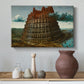 Canvas art print featuring a symbolic scene of a towering structure and landscape, styled above a decorative console