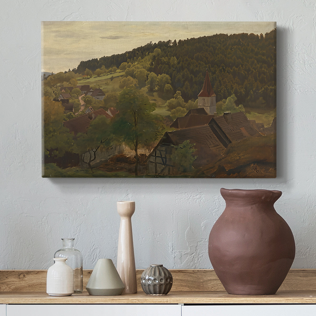 Canvas art print featuring a scenic viewpoint with expansive natural landscape, styled above a decorative console