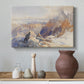Canvas art print featuring a panoramic alpine view with snow and rocky cliffs, styled above a decorative console